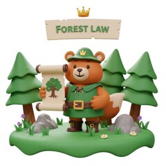 Fototapeta premium Cartoon Bear Guardian of the Forest with Scroll and Green Trees