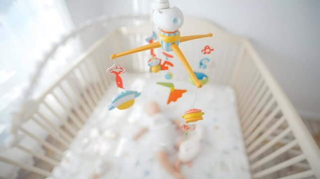 Cheerful Colorful Wooden Mobile Over a Blurred Baby in a Crib