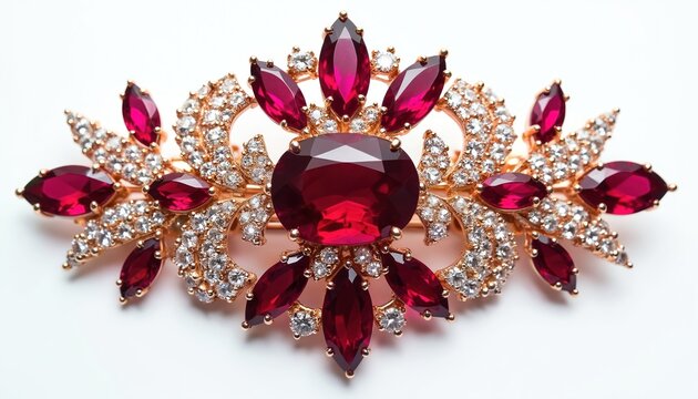 Ornate rose gold brooch features large central ruby surrounded by smaller red gems, clear crystals in floral leaf design. Luxury accessory sparkles with detailed fine craftsmanship for elegant