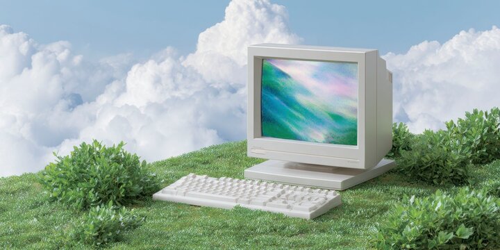 an old computer screen displaying nature, with a green field in the background and clouds in the sky