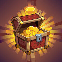 Vibrant treasure chest overflowing with shiny gold coins and jewels © Stock