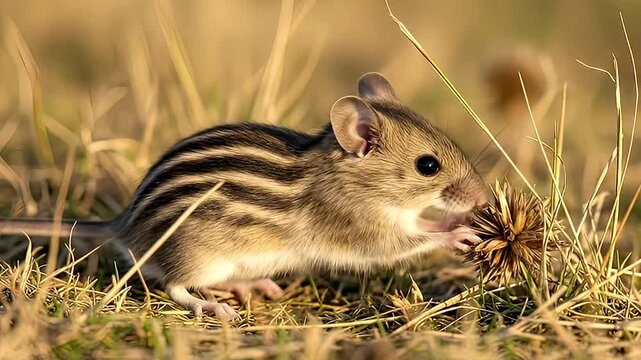 A charming close-up shot captures a small, striped rodent delicately foraging amidst dry, golden grasses under warm, natural light. The creature, with its distinctive fur pattern and bright eyes, inte