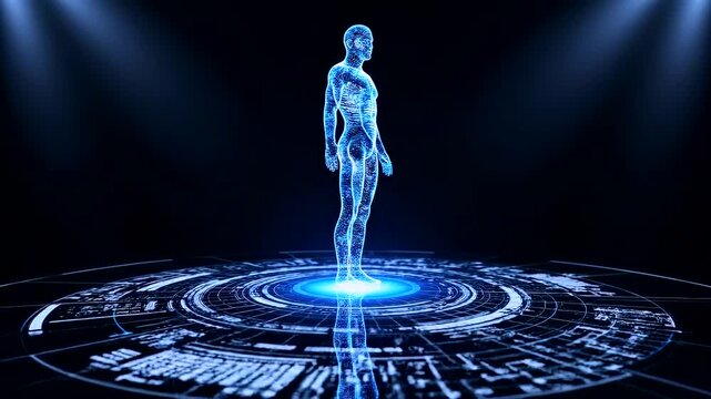 glowing holographic human figure stands on a digital platform in a dark futuristic space, visualizing biometric analysis, body scanning, virtual diagnostics and advanced medical technology