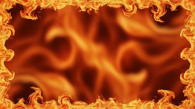 A rectangular frame of vibrant, swirling orange and yellow flames on a dark background with a white empty space below