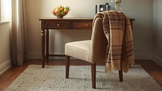 A warm and cozy home office desk setup features a soft flannel throw on the chair and a bowl of fresh fruit, creating a comfortable and healthy workspace.