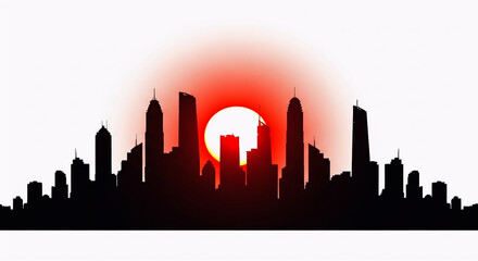 Obraz premium city skyline, sunset, silhouette, urban landscape, red sun