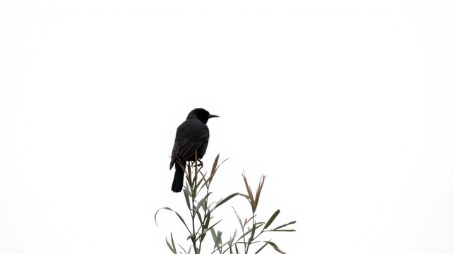 A solitary black bird perched on the thin tip of a green plant against a bright white background
