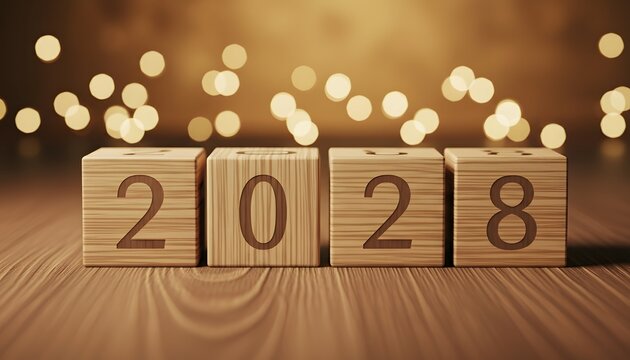 Wooden block 2028 new year decoration with sparkling lights on wooden table