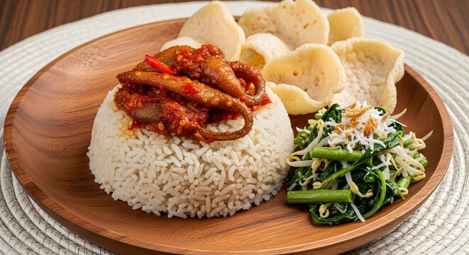 Spicy Squid Sambal with White Rice and Steamed Vegetables Urab
