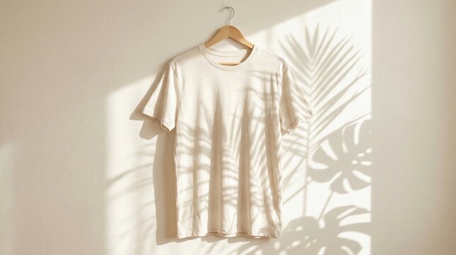 White TShirt Hanging On Wooden Hanger With Natural Light