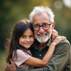 Fototapeta premium Smiling grandfather embraces his happy granddaughter outdoors in nature. Girl hugs man from behind, showing love and affection. Multi generational family moment, bond, joy.