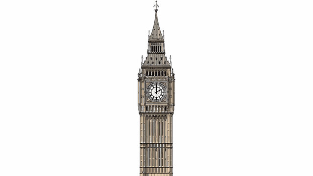 A tall, iconic clock tower with a Gothic spire and white clock face against a plain white background.
