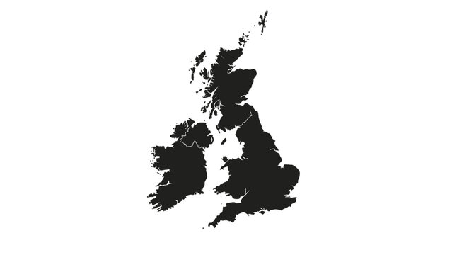 A black silhouette map of the United Kingdom and Ireland on a white background, with a minimalist design.