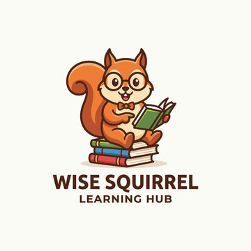 This logo showcases an adorable squirrel with glasses, reading a book, evoking a sense of wisdom and playfulness. Perfect for a children's learning or educational service.