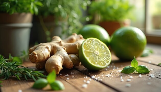 Fresh ginger root and limes rest on wooden table with green herbs and scattered salt crystals. Ingredients for healthy drinks and food preparation are arranged neatly.