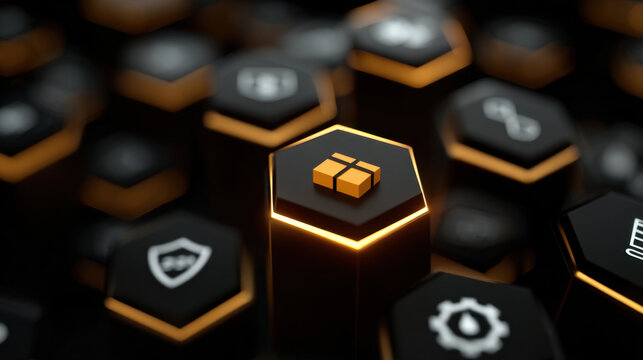 Package icon on glowing hexagonal block symbolizing supply chain logistics and digital delivery with dark futuristic interface and warm orange accent