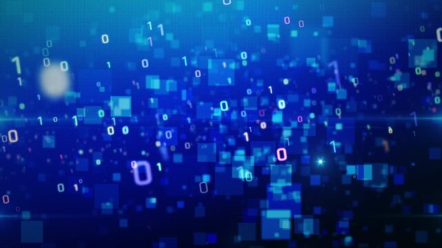 Floating binary numbers with glowing particles on black background, digital data code animation, futuristic technology video overlay template