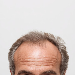 Fototapeta premium Top view close up of man head with receding hairline, gray hair and forehead wrinkles showing natural aging and skin texture, neutral expression and studio background