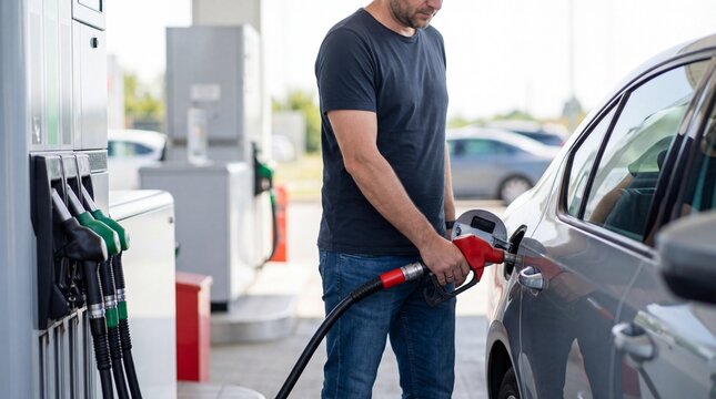 A man fuels his car at a gas station, highlighting the act of refueling a vehicle with petrol in everyday life.