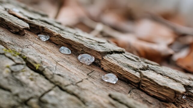 Translucent Sap Crystallizing on Cracked Bark of a Weathered Tree Log