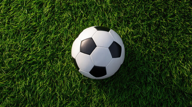 Soccer ball on green grass top down view black and white pentagon pattern sunlight shadow sport equipment outdoor recreation summer field athletic training playtime energy