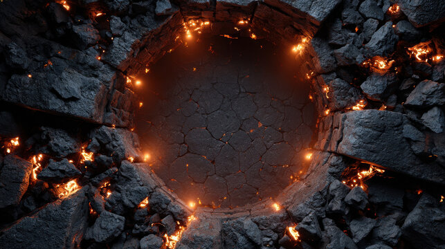 Molten rock underground tunnel glowing fissure cracked earth volcanic chamber fiery embers lava glow circular pit scorched stone dark cave rock debris heat haze orange light dramatic lighting