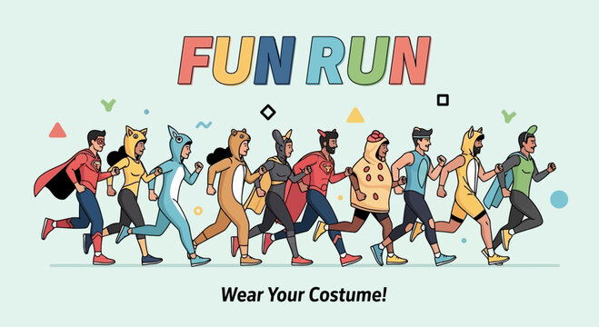 A Joyful Cartoon Depiction of a Fun Run Event with People in Costumes