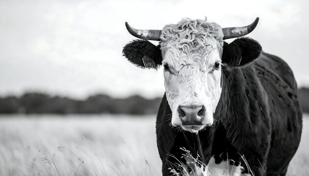 Majestic Bull Stares Intently in Black and White Portrait.