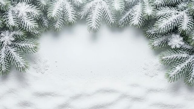 A serene winter scene featuring snow-covered evergreen branches framing a snowy landscape