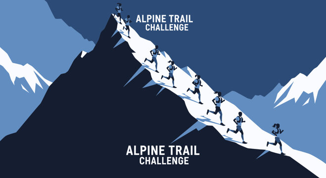 Alpine Trail Challenge: Athletes Conquer Mountain Peaks in Dynamic Illustration