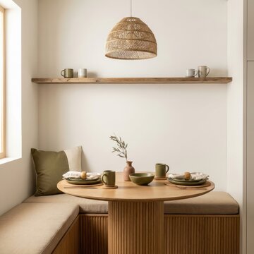 Cozy minimalist dining nook with round wooden table and built-in bench seating