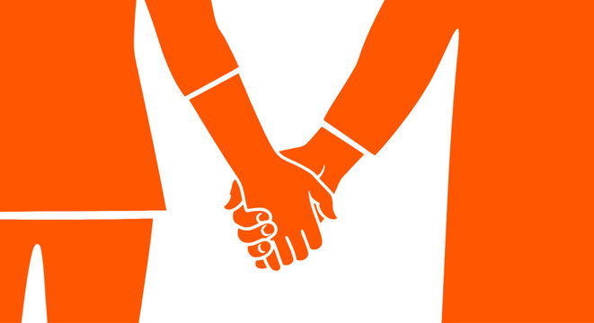 Two abstract figures holding hands in orange graphic