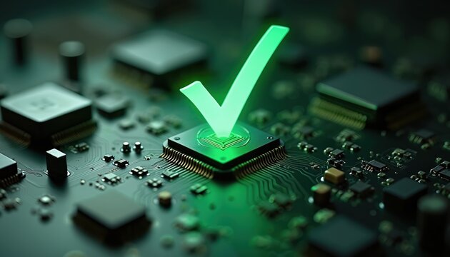 Green checkmark glows on computer chip. Circuit board shows approved tech. Digital hardware system confirmed secure. Future tech innovation validated. Quality control assurance positive.