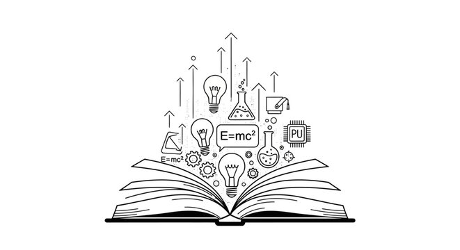 Open book with STEM icons symbolizing learning and innovation