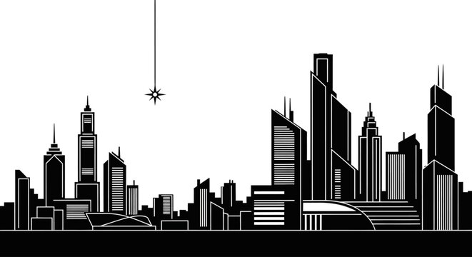 Modern city skyline silhouette with a single hanging star decoration