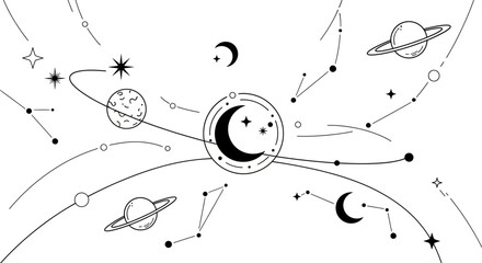 Celestial line art pattern with planets, moons, and stars © Ika