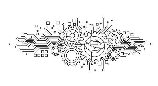 Gears and circuit board technology abstract line art illustration