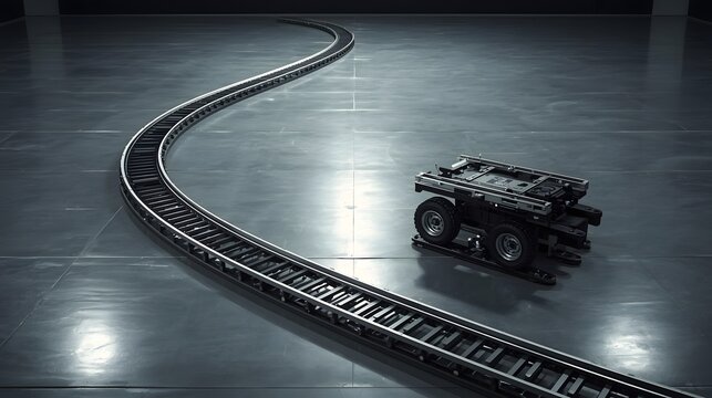 A professional camera tracking dolly system with curved metal tracks laid out on a smooth studio floor, ready for cinematic motion picture production.