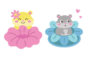 Obraz premium Cute Hamster Peeking from Flowers Clipart, Adorable Pet Character in Pink and Blue Blossom Floral Vector Illustration