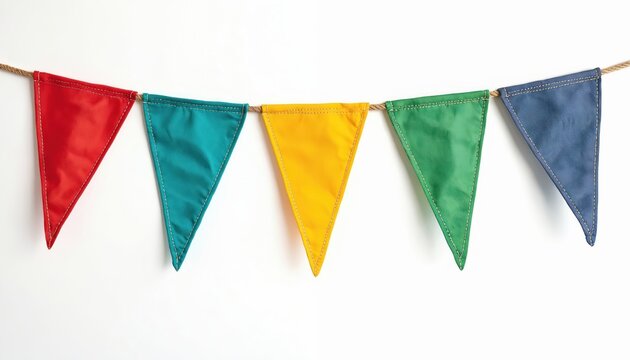 Colorful triangle party bunting flags hang on a rope. Pennant garland on white background creates festive mood. Great for decorations, announcements, and celebrations.