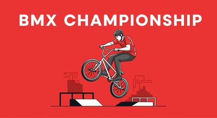 Naklejka premium BMX Championship Illustration Depicting a Rider Performing a Stunt on a Bicycle with Red Background