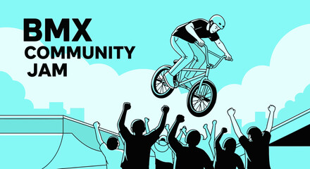Naklejka premium BMX Community Jam Illustration Depicting Excitement, Action, And Community Celebration