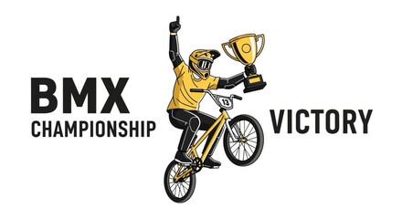 Naklejka premium Bmx Championship Victory Celebration Trophy Presentation On Bike