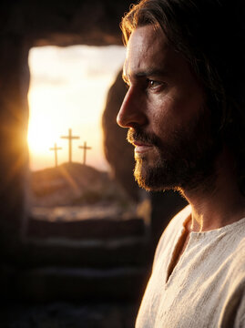 Jesus Christ Rising from Tomb with Golden Light and Three Crosses on Calvary