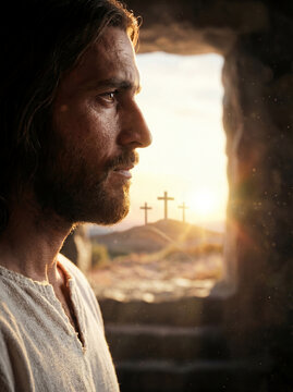 Jesus Christ Rising from Tomb with Golden Light and Three Crosses on Calvary