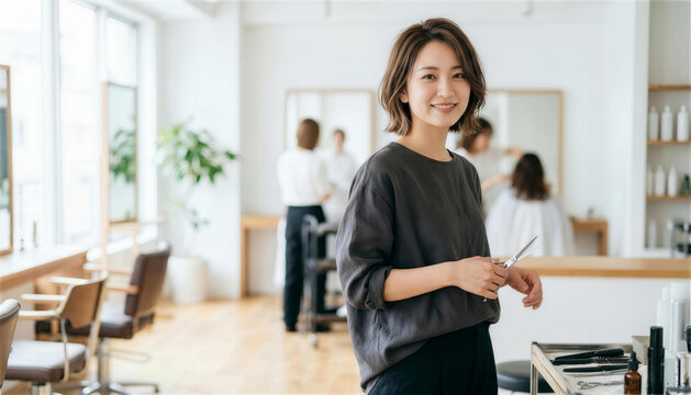 美容室でハサミを持ち笑顔で立つショートボブの女性美容師