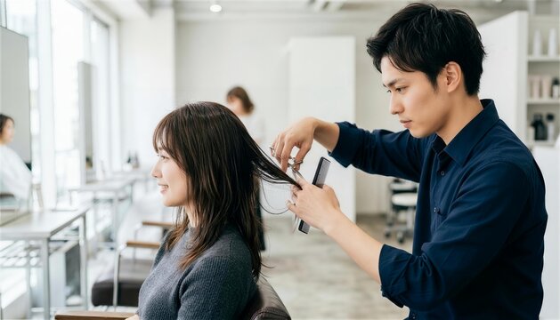 美容室で女性客の髪をカットする男性美容師