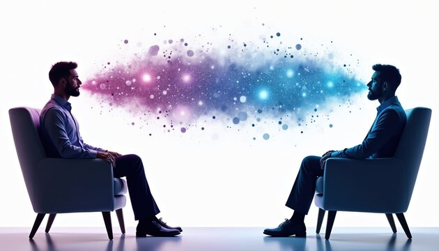 Two men sit in chairs facing each other, exchanging ideas shown as colorful particles flowing between them. This visualizes thought sharing, communication, and abstract connection.