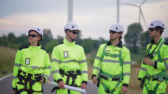 Engineers wearing safety helmets inspecting a wind turbine at a wind farm holding a blueprint while working. renewable energy sustainable technology wind power maintenance environmental engineering.