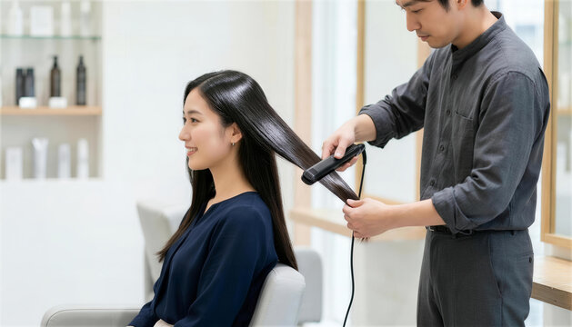 美容室で女性客の髪をストレートアイロンでセットする男性美容師